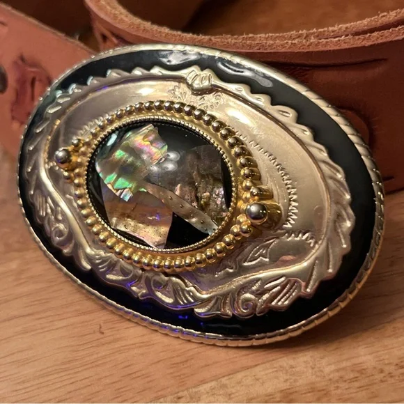 Vintage Tooled Leather Belt - Gold Black & Abalone Buckle- “Roy” 35-39” - Picture 3 of 9
